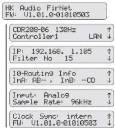 HK Audio FirNet FW: U1.01.0-01010503 CDR208-06 130Hz ↑ Controller: LAN ↓ IP: 192.168. 1.105 ↑ Filter No 15 ↓ I0-Routing Info ↑ InA: AB--, InB: --CD ↓ Input: Analog ↑ Sample Rate: 96kHz ↓ Clock Sync: intern ↑ FW: U1.01.0-01010503 ↓