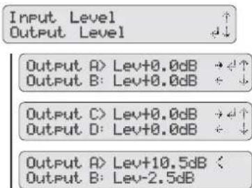 Input Level Output Level Output A> Lev+0.0dB → ↓↑ Output B: Lev+0.0dB ← ↓ Output C> Lev+0.0dB → ↓↑ Output D: Lev+0.0dB ← ↓ Output A> Lev+10.5dB < Output B: Lev-2.5dB