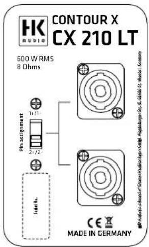 CONTOUR X CX 210 LT 600 W RMS 8 Ohms Pin assignment 1:1/2 2:1/2 14# No. CE MADE IN GERMANY