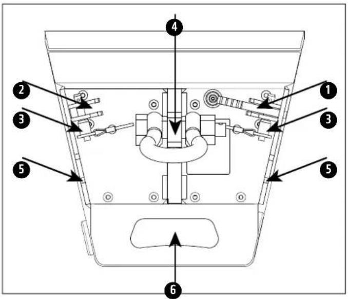 Technical diagram of a mechanical assembly with numbered components and directional arrows indicating motion or force directions.