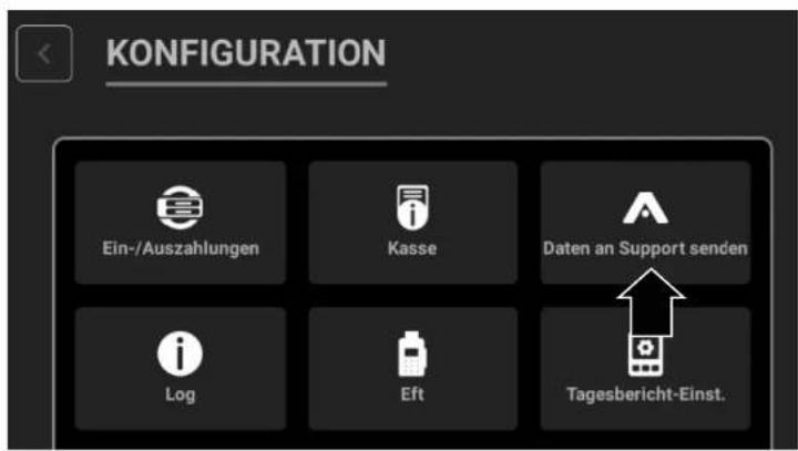 KONFIGURATION Ein-/Auszahlungen Kasse Daten an Support senden Log Eft Tagesbericht-Einst.