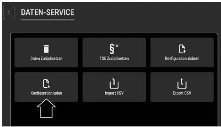 DATEN-SERVICE Daten Zurücksetzen TSE Zurücksetzen Konfiguration sichern Korfiguration laden Import CSV Export CSV