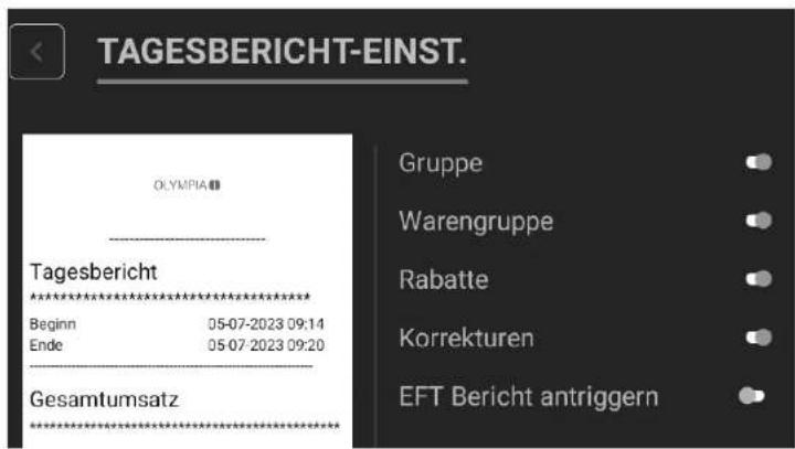 TAGESBERICHT-EINST. OLYMPIA Tagesbericht ********** Beginn 05-07-2023 09:14 Ende 05-07-2023 09:20 Gesamtumsatz Gruppe Warengruppe Rabatte Korrekturen EFT Bericht antriggern