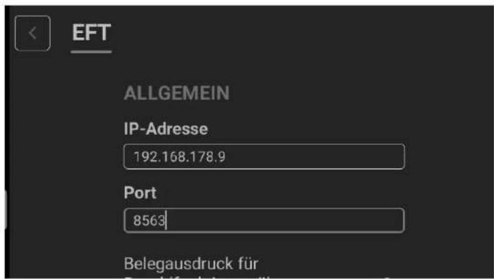 EFT ALLGEMEIN IP-Adresse 192.168.178.9 Port 8563 Belegausdruck für