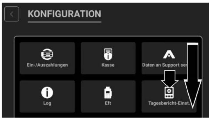 KONFIGURATION Ein-/Auszahlungen Kasse Daten an Support ser Log Eft Tagesbericht-Einst