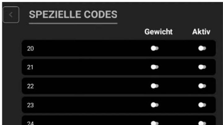 SPEZIELLE CODES Gewicht Aktiv 20 21 22 23 24