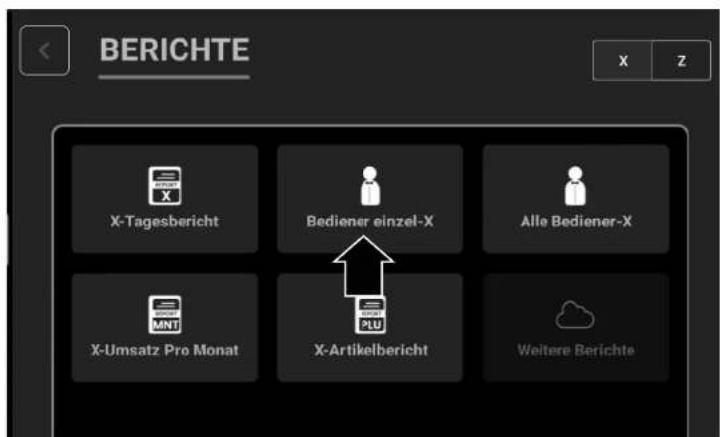BERICHTE X-Tagesbericht Bediener einzel-X Alle Bediener-X X-Umsatz Pro Monat X-Artikelbericht Weitere Berichte