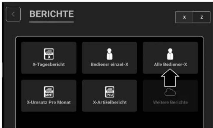 BERICHTE X-Tagesbericht Bediener einzel-X Alle Bediener-X X-Umsatz Pro Monat X-Artikelbericht Weitere Berichte