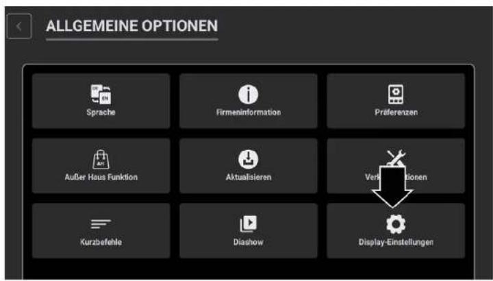 ALLGEMEINE OPTIONEN Sprache Firmeninformation Präferenzen Außer Haus Funktion Aktualisieren Verkoptionen Kurzbefehle Diashow Display-Einstellungen