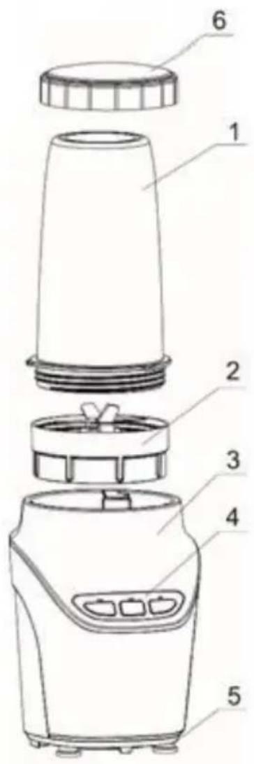 Exploded view diagram of a blender with numbered parts for identification