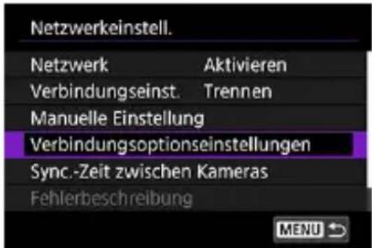 Netzwerkeinstell. Netzwerk Aktivieren Verbindungseinst. Trennen Manuelle Einstellung Verbindungsoptionseinstellungen Sync.-Zeit zwischen Kameras Fehlerbeschreibung MENU →