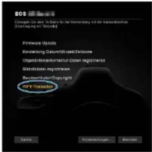 EOS Erzeugen des eine Tochter für die Verwendung mit der Konsatzkosten (Übertragung mit Telekurs) Pimware Upgrade Einstellung Datum/Führung/Zeitzone Objektifverkehrkorrektur-Dosen registrieren Gildobildzter registrieren Besitzert/Auter/Copyright WP T-Tiegerles Zurück Vorwertenungen... Bereinzen