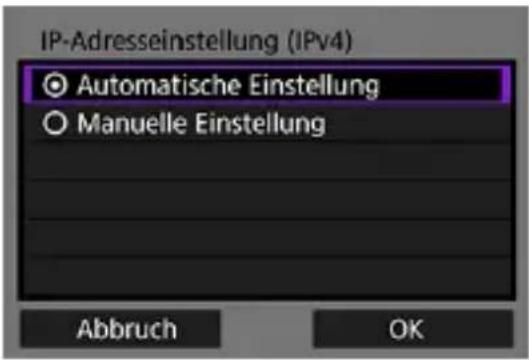 IP-Adresseinstellung (IPv4) ● Automatische Einstellung ○ Manuelle Einstellung Abbruch OK