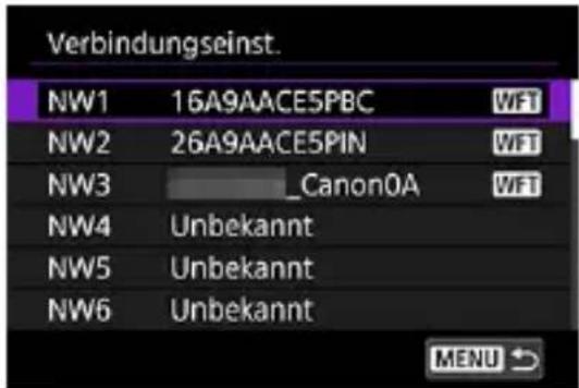 Verbindungseinst. NW1 16A9AACE5PBC WFT NW2 26A9AACE5PIN WFT NW3 _Canon0A WFT NW4 Unbekannt NW5 Unbekannt NW6 Unbekannt MENU ↗