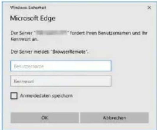 Windows-Sicherhet Microsoft Edge Der Server "____" fordert ihren Benutzemarken und ihr Kenrwort an. Der Server meldet: "BrowserRemote". Benutzemarke Kenrwort Anmeldedaten speichern OK Abbrechen