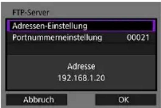 FTP-Server Adressen-Einstellung Portnummerneinstellung 00021 Adresse 192.168.1.20 Abbruch OK