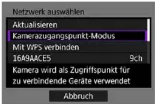 Netzwerk auswählen Aktualisieren Kamerazugangspunkt-Modus Mit WPS verbinden 16A9AACE5 9ch Kamera wird als Zugriffspunkt für zu verbindende Geräte verwendet Abbruch