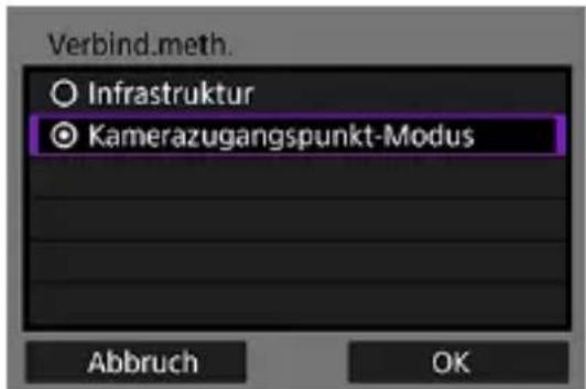 Verbind.meth. ○ Infrastruktur ● Kamerazugangspunkt-Modus Abbruch OK