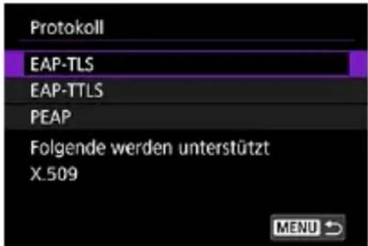 Protokoll EAP-TLS EAP-TTLS PEAP Folgende werden unterstützt X.509 MENU →