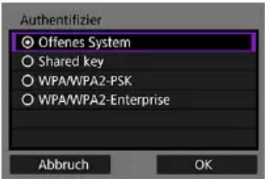 Authentifizier Offenes System Shared key WPA/WPA2-PSK WPA/WPA2-Enterprise Abbruch OK