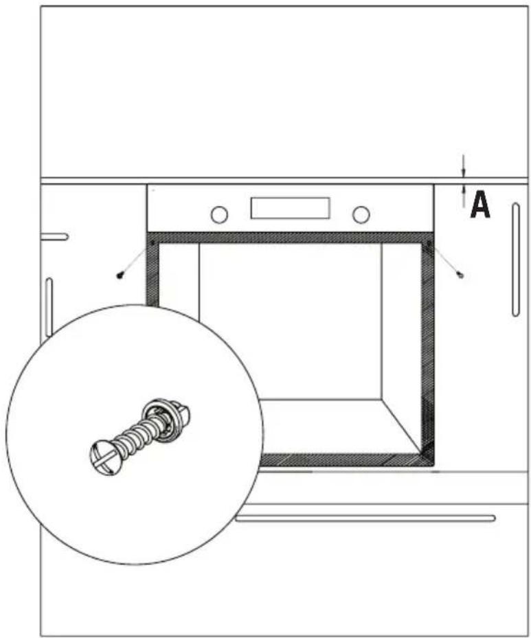 Technical diagram showing a screw installation inside a washing machine with labeled component A and a magnified view of the screw.