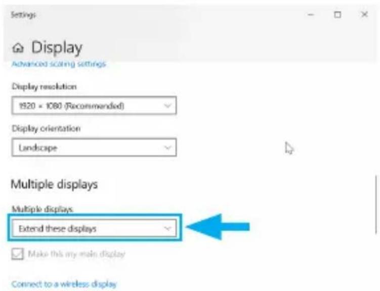 Settings Display Advanced scaling settings Display resolution 1920 = 1080 (Recommended) Display orientation Landscape Multiple displays Multiple displays Extend these displays Make this my main display Connect to a wireless display