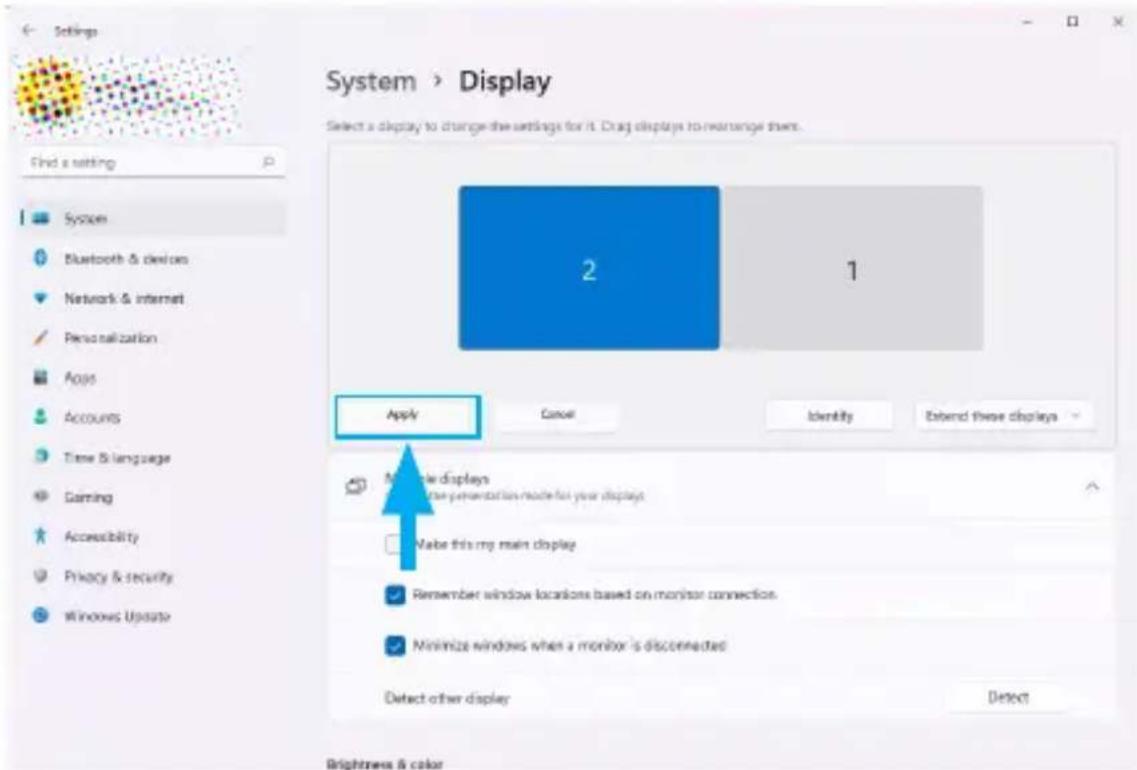 System > Display Select a display to change the settings for it. Drag displays to rearrange them. 2 1 Apply Cancel Identity Extend these displays Mobile displays Use the presentation mode for your display Make this my main display Remember window locations based on monitor connection Minimize windows when a monitor is disconnected Detect other display Detect Brightness & color