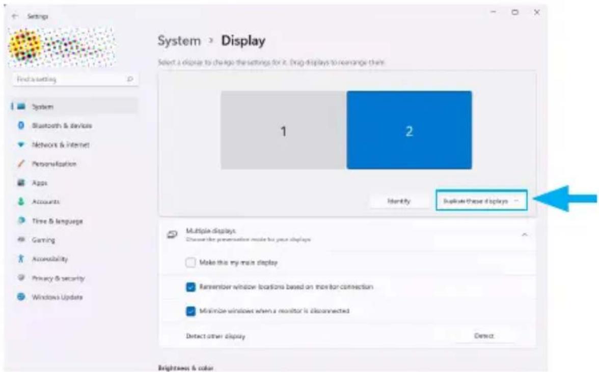System > Display Select a display to change the settings for it. Drag displays to rearrange them. Find a setting System Bluetooth & devices Network & internet Personalization Apps Accounts Time & language Gaming Accessibility Privacy & security Windows Update 1 2 Identify Replace these displays Multiple displays: Choose the presentation mode for your displays Make this main display Remember window locations based on monitor connection Minimize window when a monitor is disconnected Detect other display Direct Brightness & color