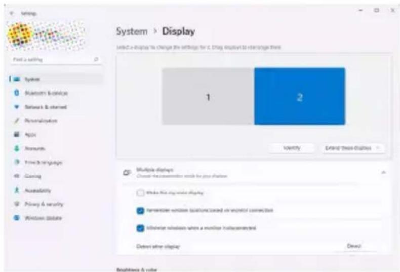 Settings System > Display Set to a setting 1 2 Identity Extend these displays Multiple displays Channel the consensus will be for your display ■ Make this key display ■ Temporary window location based on monitor connection ■ Additional resolution where a monitor is connected Delete other display Cancel Status: Yes Help me to use