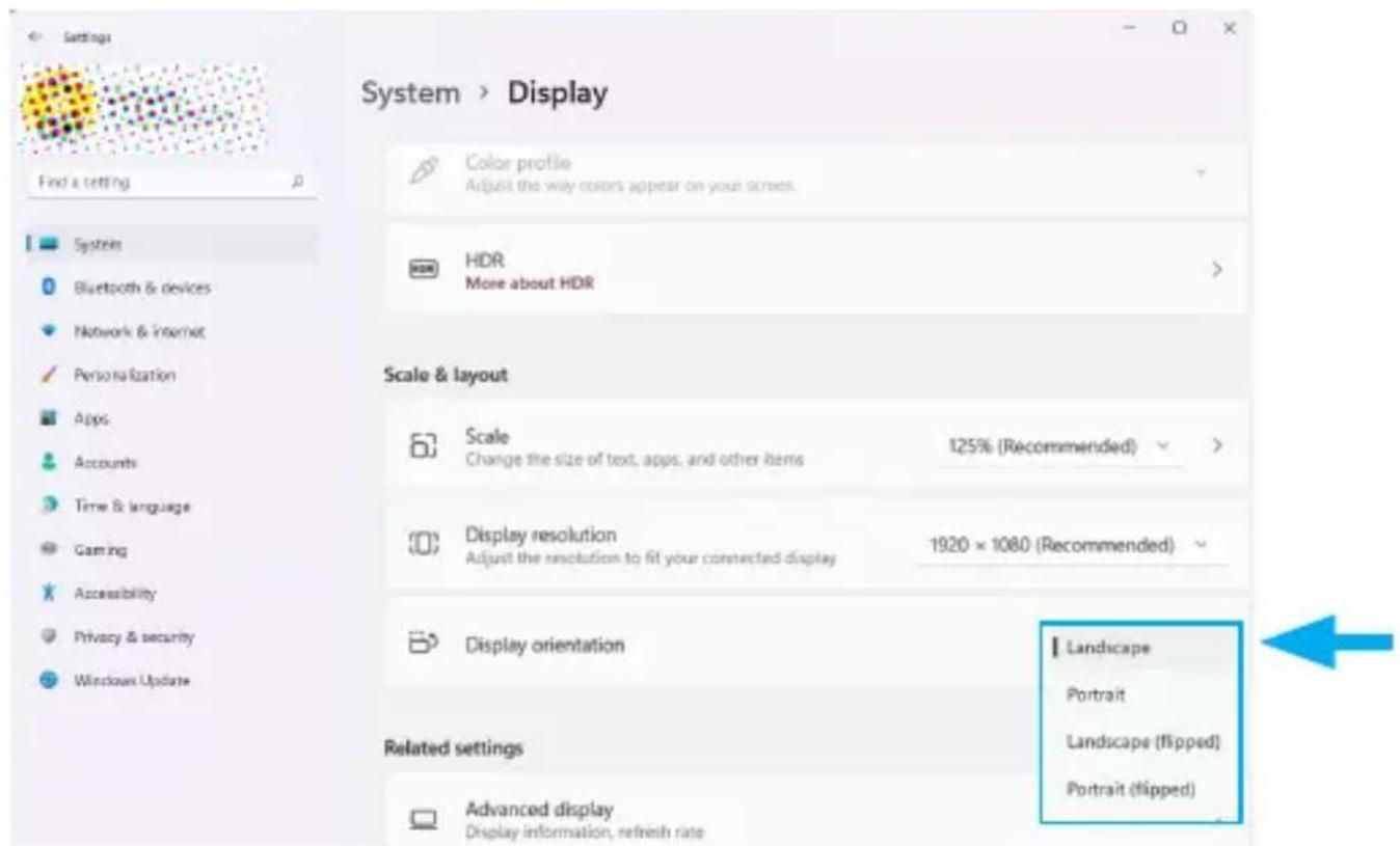 Settings System > Display Find a setting Color profile Adjust the way colors appear on your screens. HDR More about HDR Scale & layout Scale Change the size of text, apps, and other items 125% (Recommended) > Display resolution Adjust the resolution to fit your connected display 1920 × 1080 (Recommended) Display orientation Related settings Advanced display Display information, refresh rate Landscape Portrait Landscape (flipped) Portrait (flipped)