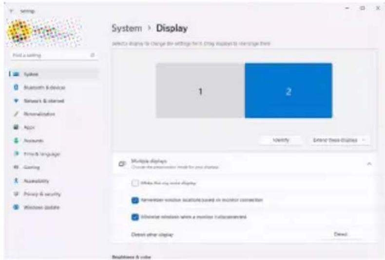 System > Display Select to display to change the settings for this system display to create these 1 2 Identity Extend these displays Multiple displays Choose the presentation mode for your display Allow the key mode display Remember window location based on monitor connection In another instance when a monitor is connected. Delete other desktop Cancel Disziption & video