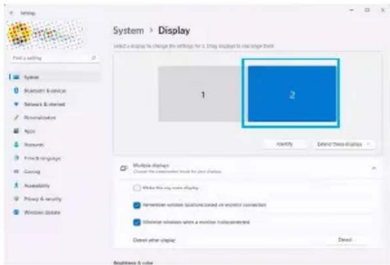 System > Display Set to a setting 1 2 Identity Extend these displays Multiple displays Channel the recommended inside the user display ■ Initialize this key display ■ ipenewater window location based on invictor connection ■ willower resolution where a monitor is connected Select other display Cancel Status: A value