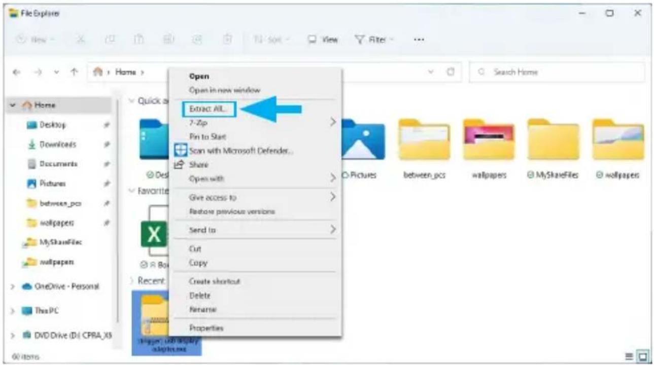 File Explorer Home > Desktop Downloads Documents Pictures between_pcs wpapers MyShareFilec wpapam OneDrive - Personal This PC DVD Drive (D:\CPRA_XS 60 items Open Open in new window Extract All... 7-Zip Pin to Start Scan with Microsoft Defender... Share Open with Give access to Restore previous versions Send to Cut Copy Create shortcut Delete Rename Properties Pictures between_pcs wpapers MyShareFiles wolpages