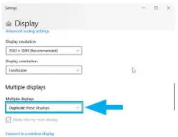 Settings Display Advanced scaling settings Display resolution 1520 x 1080 (Recommended) Display orientation Landscape Multiple displays Multiple displays Duplicate these displays Make this my main display Connect to a wireless display