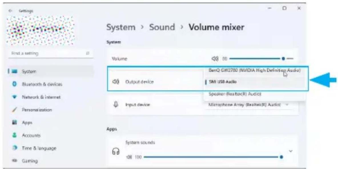 System > Sound > Volume mixer System Find a setting Volume Output device BamQ GW2780 (NVIDIA High Definition Audio) SMI USB Audio Speaker (Realtek(R) Audio) Input device Microphone Array (Realtek(R) Audio) Apps System sounds dll 100