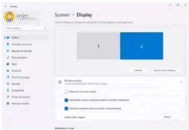 System > Display Set to a settings 1 2 Display Multiple display Choose the configuration needs for your display Wike this my mode display Implementation window features based on monitor connection Microsoft version where a monitor is applicable Delete other display Close Rebuilds & video