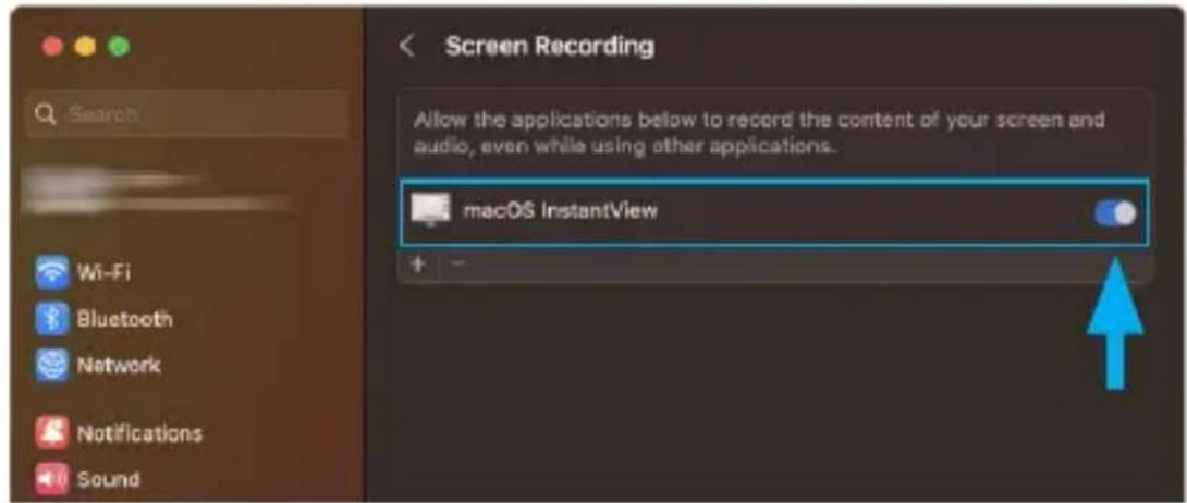 Screen Recording Allow the applications below to record the content of your screen and audio, even while using other applications. macOS InstantView