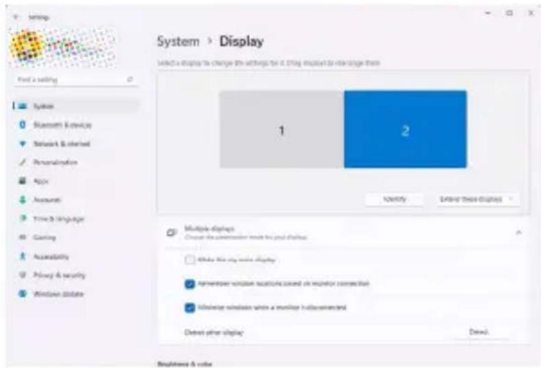 System > Display Select a display to change the settings for it. Drag displays to create these 1 2 Identity Extend these displays Multiple displays Choose the commandor needs for your display. Allow the key mode display Afterpower version because of monitor connection Afterpower version where a montage installation Define other display Done... Refreshed & voice