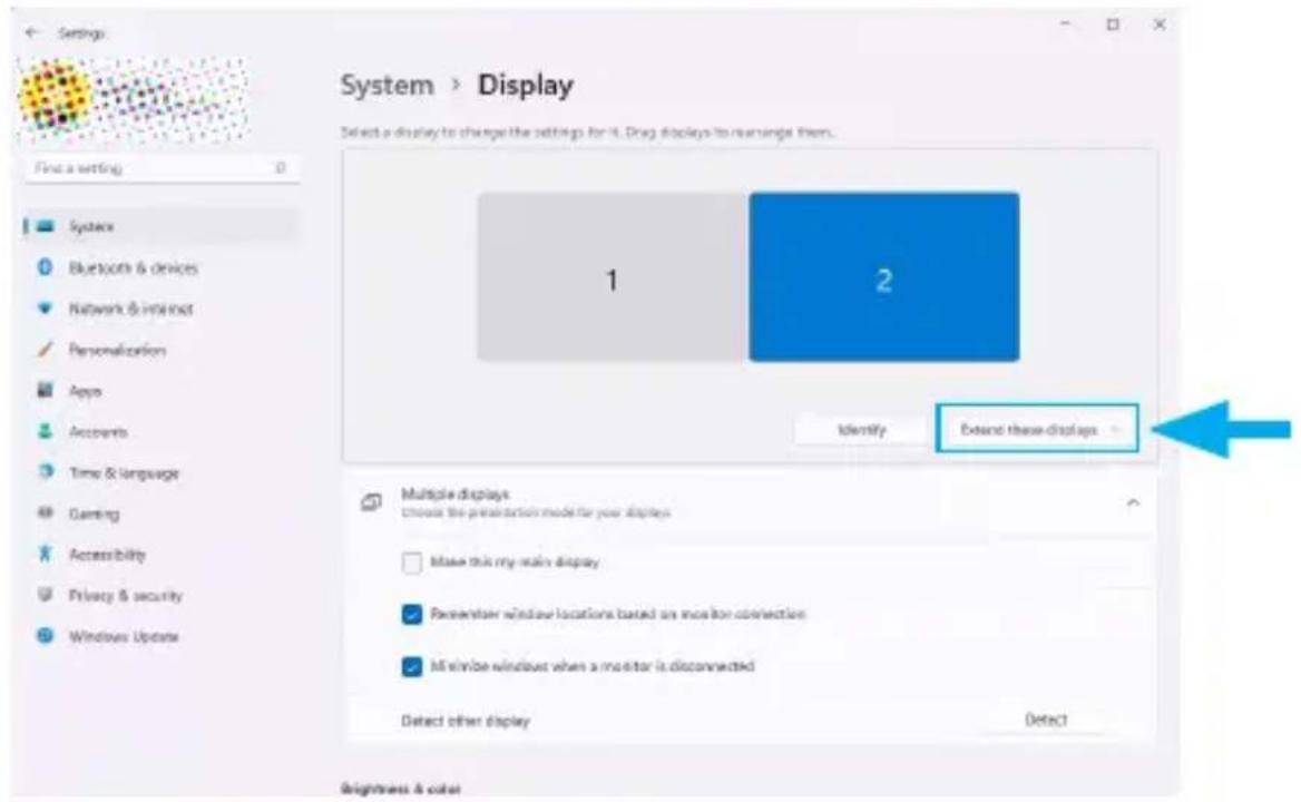 System > Display Select a display to change the settings for it. Drag displays to rearrange them. Find a setting System Bluetooth & devices Network & internet Personalization Apps Accounts Time & language Gaming Accessibility Privacy & security Windows Update 1 2 Identify Extend these displays Multiple displays choose the presentation mode for your displays Make this my main display Preventier window locations based on monitor connection Hi remote window when a monitor is disconnected Detect other display Detect Brightness & color