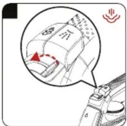 Diagram showing a device with a magnified view highlighting a component, including Chinese text labels and a red arrow indicating motion or change.