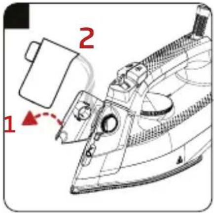 Technical diagram of an iron iron with labeled parts and a red arrow indicating direction of movement or assembly.