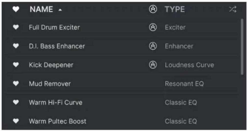 NAME Full Drum Exciter D.I. Bass Enhancer Kick Deepener Mud Remover Warm Hi-Fi Curve Warm Pultec Boost TYPE Exciter Enhancer Loudness Curve Resonant EQ Classic EQ Classic EQ