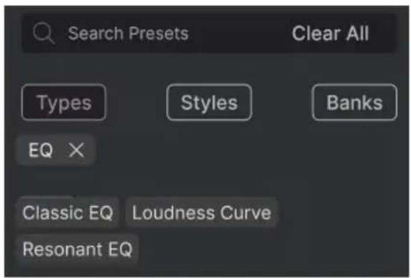 Search Presets Clear All Types Styles Banks EQ × Classic EQ Loudness Curve Resonant EQ