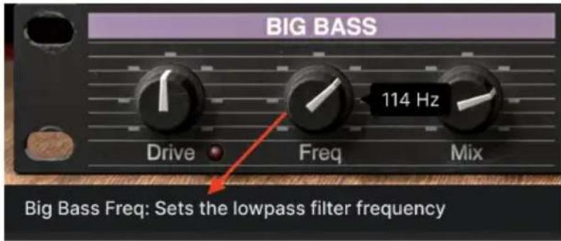 BIG BASS 114 Hz Drive Freq Mix Big Bass Freq: Sets the lowpass filter frequency