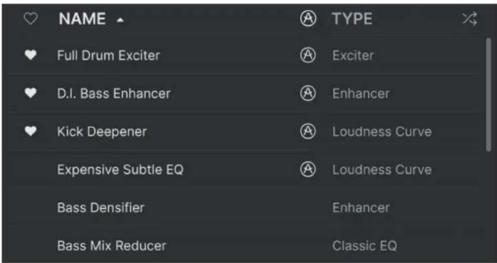 NAME Full Drum Exciter D.I. Bass Enhancer Kick Deepener Expensive Subtle EQ Bass Densifier Bass Mix Reducer TYPE Exciter Enhancer Loudness Curve Loudness Curve Enhancer Classic EQ