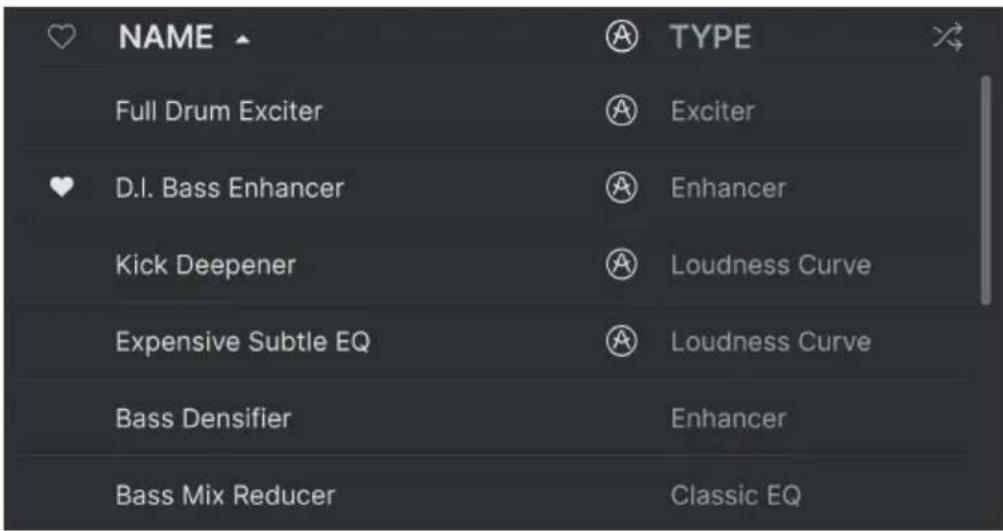 NAME Full Drum Exciter D.I. Bass Enhancer Kick Deepener Expensive Subtle EQ Bass Densifier Bass Mix Reducer TYPE Exciter Enhancer Loudness Curve Loudness Curve Enhancer Classic EQ