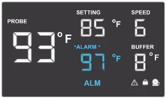 PROBE 93°F SETTING 85°F *ALARM* 97°F ALM SPEED 6 BUFFER 8°F