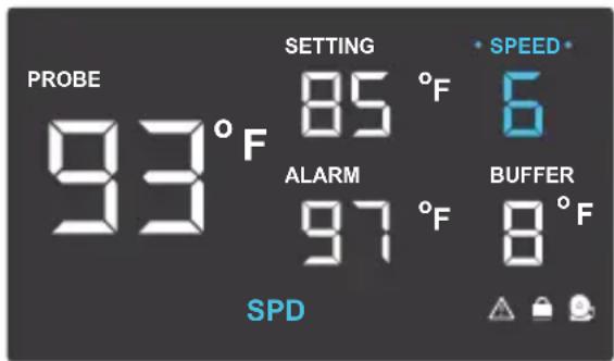 PROBE 93°F SETTING 85°F ALARM 97°F SPD SPEED 6 BUFFER 8°F