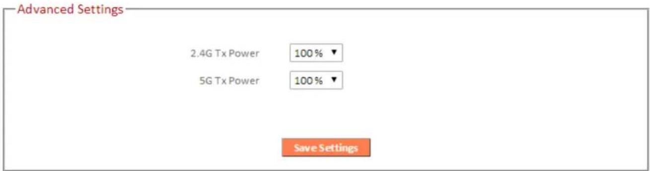 Advanced Settings 2.4G Tx Power 100 % 5G Tx Power 100 % Save Settings