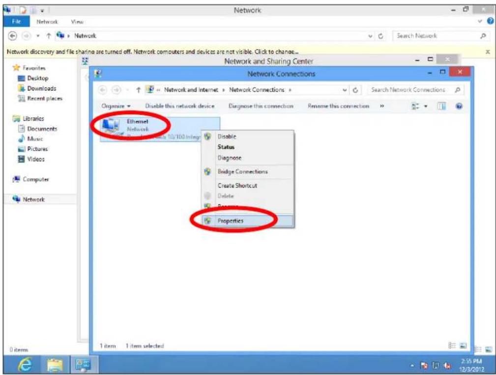 Network Network and Sharing Center Network Connections Ethernet Network Disable this network device Status Diagnose Bridge Connections Create Shortcut Delete Properties 1 item 1 item selected 2:55 PM 12/3/2012